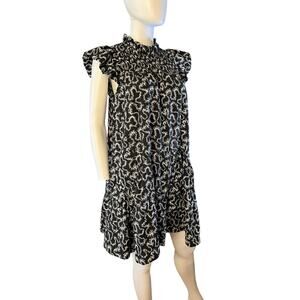 Sea New York Black White Ruffle Neck Shift Dress Size Small